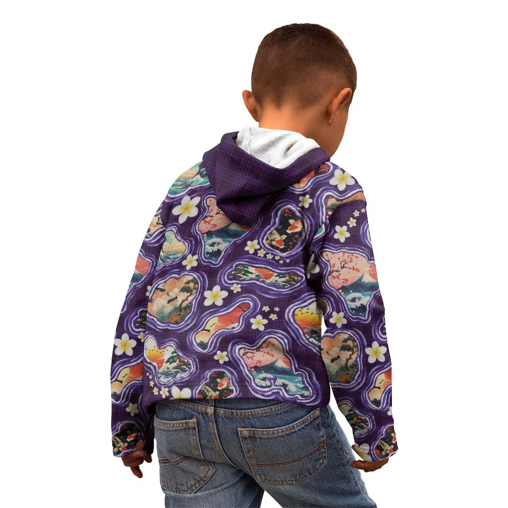 Hawaii Islands Map Design with Japanese Landscape Kid Hoodie Hawaiian Japan Fusion Art Purple Color