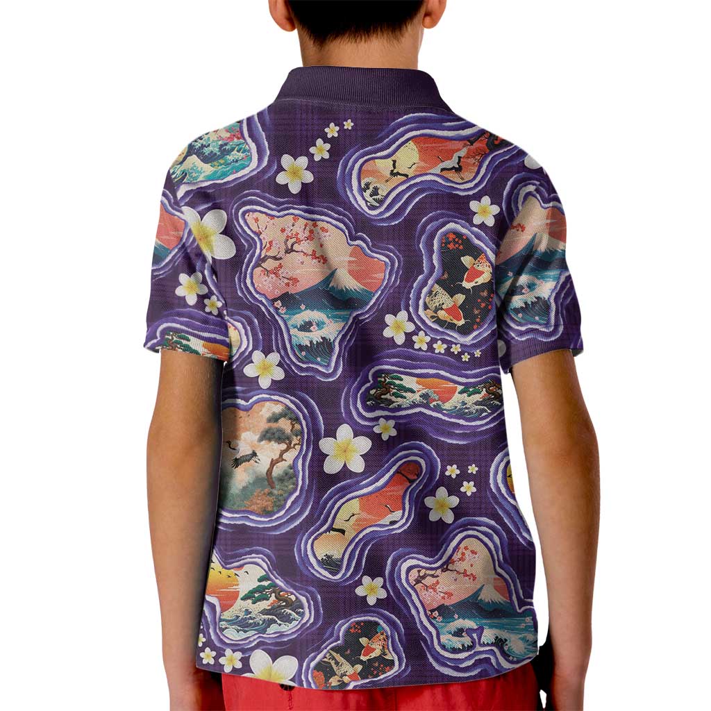 Hawaii Islands Map Design with Japanese Landscape Kid Polo Shirt Hawaiian Japan Fusion Art Purple Color