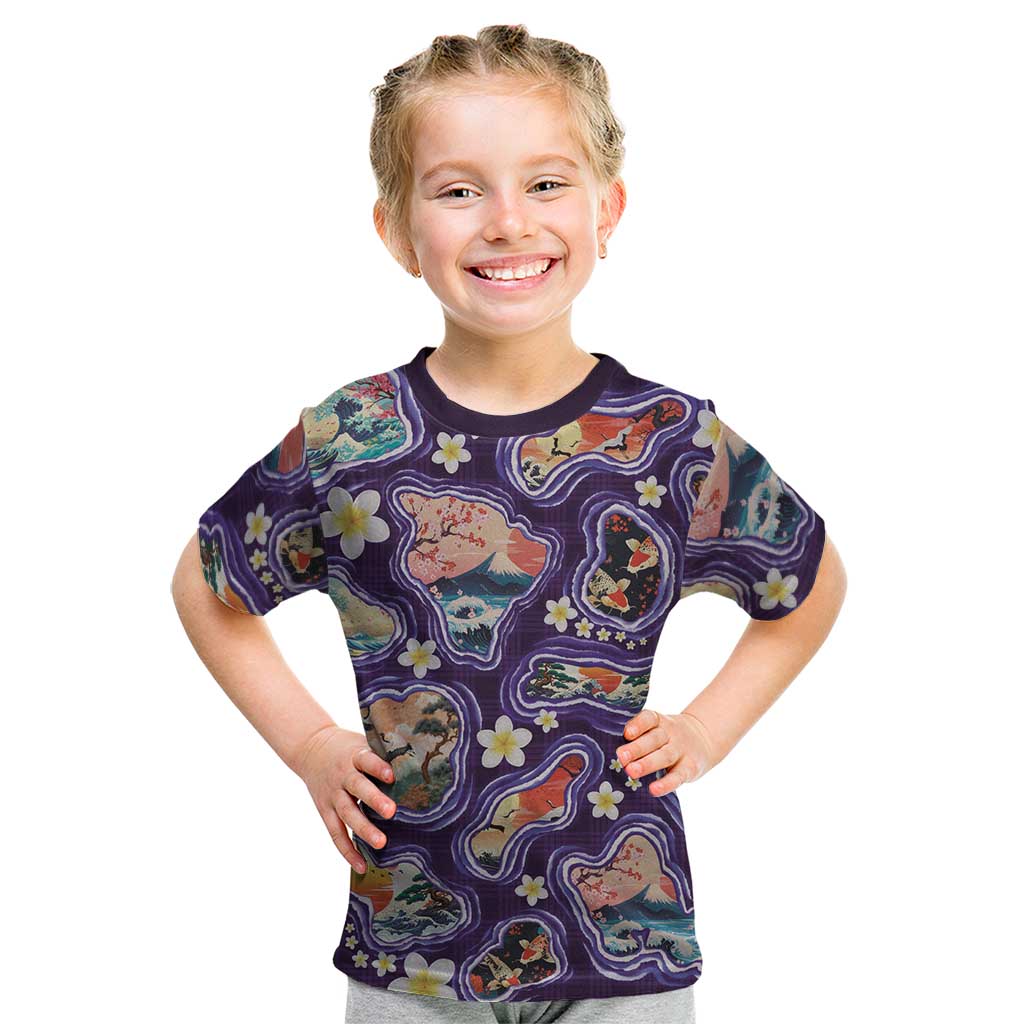 Hawaii Islands Map Design with Japanese Landscape Kid T Shirt Hawaiian Japan Fusion Art Purple Color