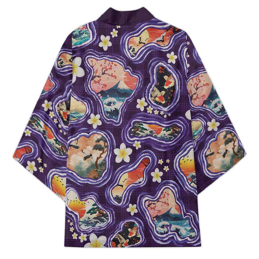 Hawaii Islands Map Design with Japanese Landscape Kimono Hawaiian Japan Fusion Art Purple Color LT03 - Polynesian Pride