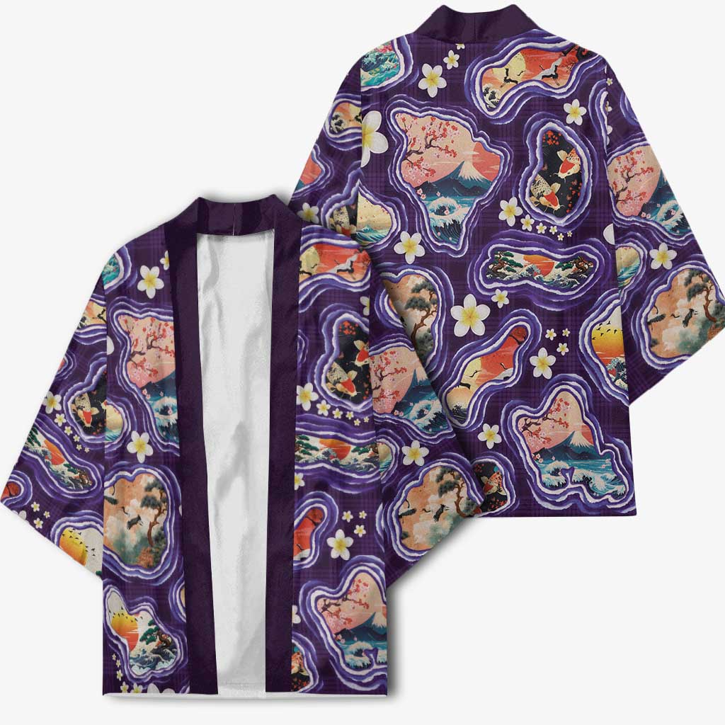 Hawaii Islands Map Design with Japanese Landscape Kimono Hawaiian Japan Fusion Art Purple Color LT03 - Polynesian Pride