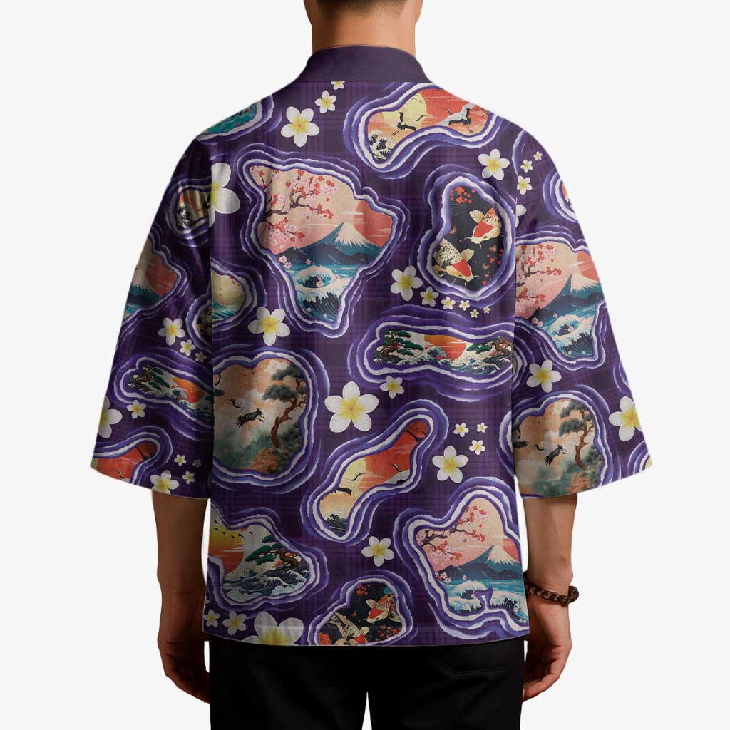 Hawaii Islands Map Design with Japanese Landscape Kimono Hawaiian Japan Fusion Art Purple Color LT03 - Polynesian Pride