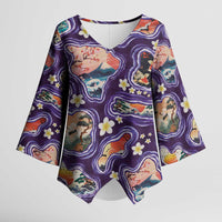 Hawaii Islands Map Design with Japanese Landscape Kimono Sleeve Blouse Hawaiian Japan Fusion Art Purple Color