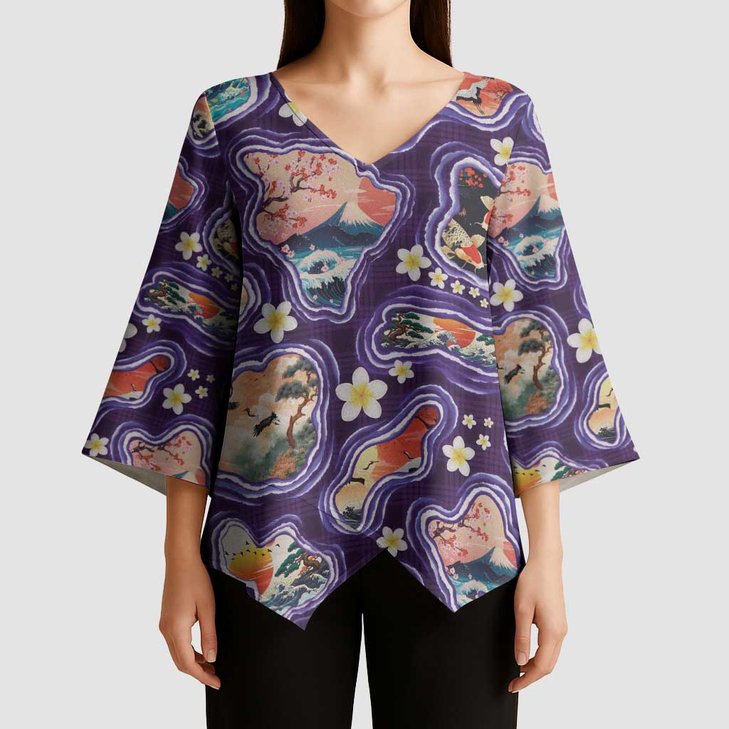 Hawaii Islands Map Design with Japanese Landscape Kimono Sleeve Blouse Hawaiian Japan Fusion Art Purple Color