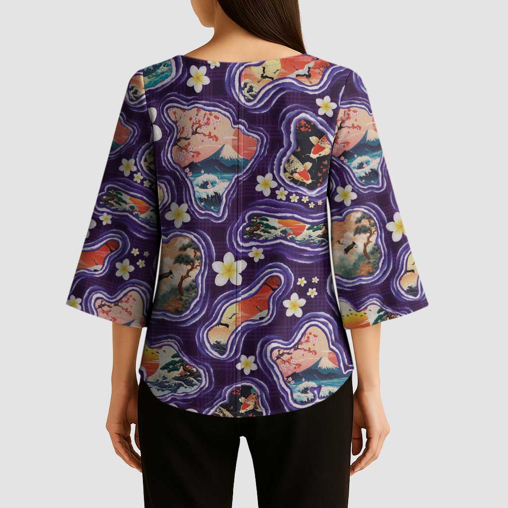 Hawaii Islands Map Design with Japanese Landscape Kimono Sleeve Blouse Hawaiian Japan Fusion Art Purple Color