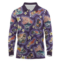 Hawaii Islands Map Design with Japanese Landscape Long Sleeve Polo Shirt Hawaiian Japan Fusion Art Purple Color