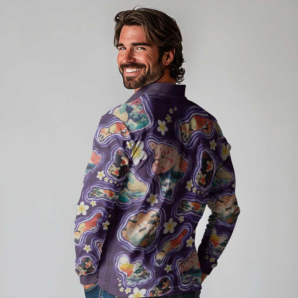Hawaii Islands Map Design with Japanese Landscape Long Sleeve Polo Shirt Hawaiian Japan Fusion Art Purple Color
