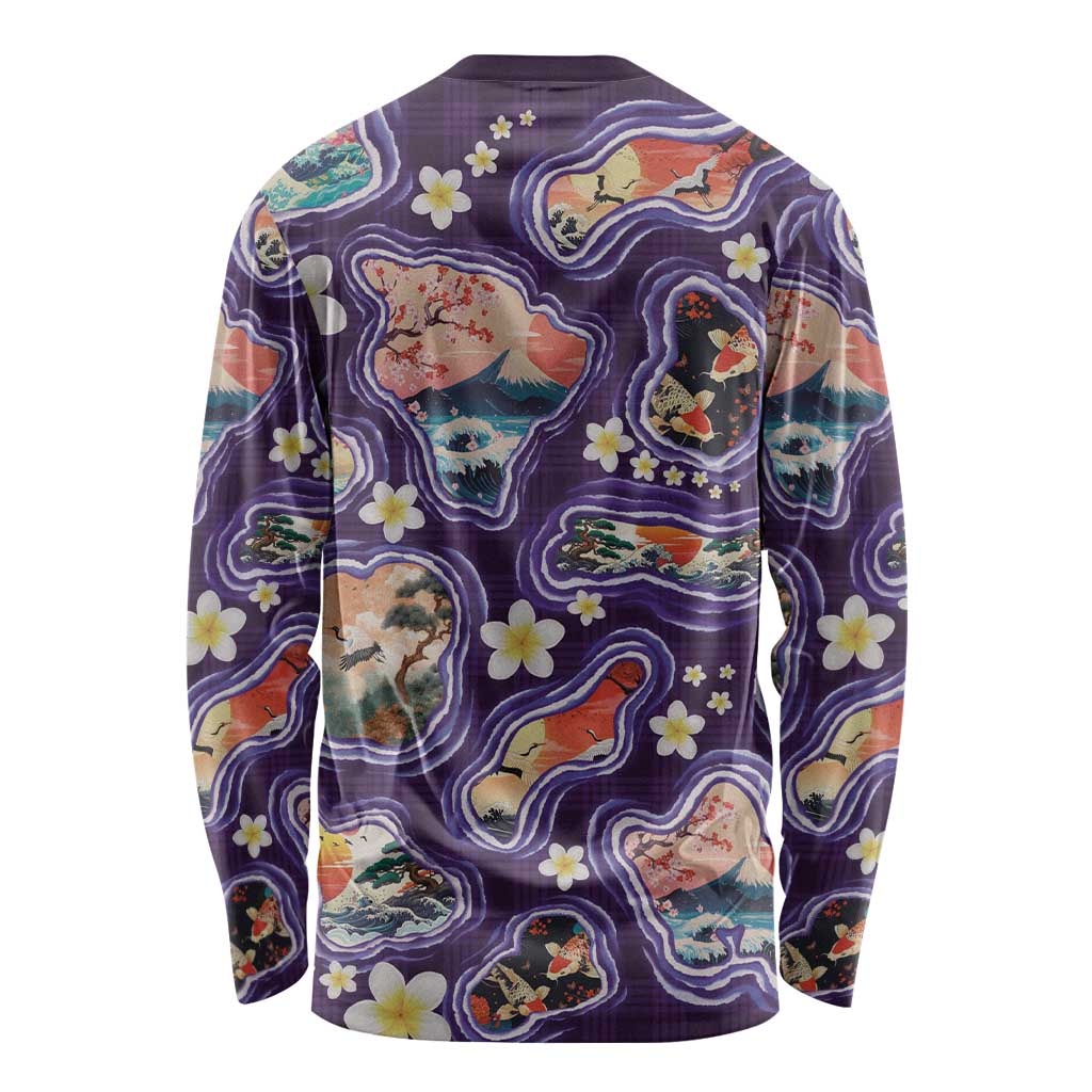 Hawaii Islands Map Design with Japanese Landscape Long Sleeve Shirt Hawaiian Japan Fusion Art Purple Color