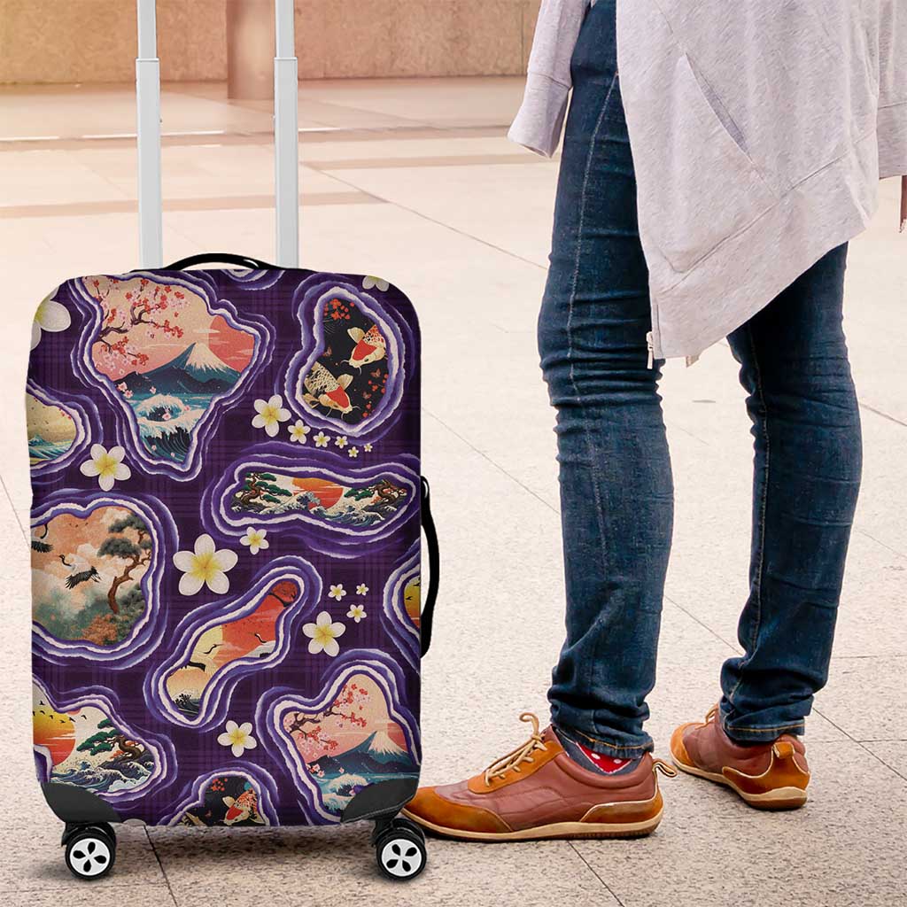 Hawaii Islands Map Design with Japanese Landscape Luggage Cover Hawaiian Japan Fusion Art Purple Color