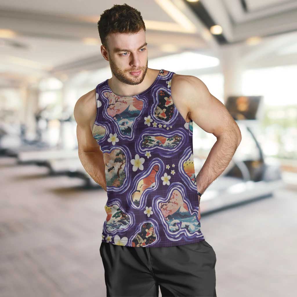 Hawaii Islands Map Design with Japanese Landscape Men Tank Top Hawaiian Japan Fusion Art Purple Color