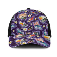 Hawaii Islands Map Design with Japanese Landscape Mesh Trucker Cap Hawaiian Japan Fusion Art Purple Color