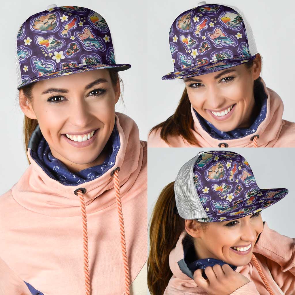 Hawaii Islands Map Design with Japanese Landscape Mesh Trucker Cap Hawaiian Japan Fusion Art Purple Color