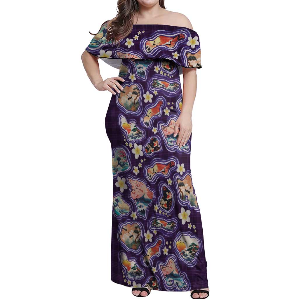 Hawaii Islands Map Design with Japanese Landscape Off Shoulder Maxi Dress Hawaiian Japan Fusion Art Purple Color