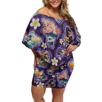 Hawaii Islands Map Design with Japanese Landscape Off Shoulder Short Dress Hawaiian Japan Fusion Art Purple Color