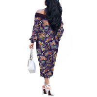Hawaii Islands Map Design with Japanese Landscape Off The Shoulder Long Sleeve Dress Hawaiian Japan Fusion Art Purple Color