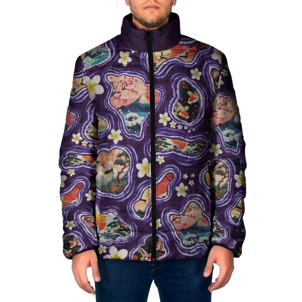 Hawaii Islands Map Design with Japanese Landscape Padded Jacket Hawaiian Japan Fusion Art Purple Color LT03 Men Purple - Polynesian Pride