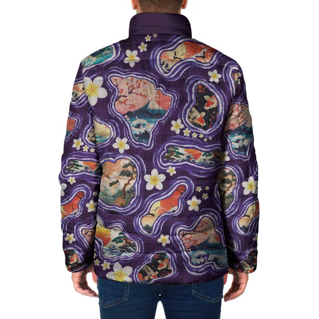 Hawaii Islands Map Design with Japanese Landscape Padded Jacket Hawaiian Japan Fusion Art Purple Color LT03 - Polynesian Pride
