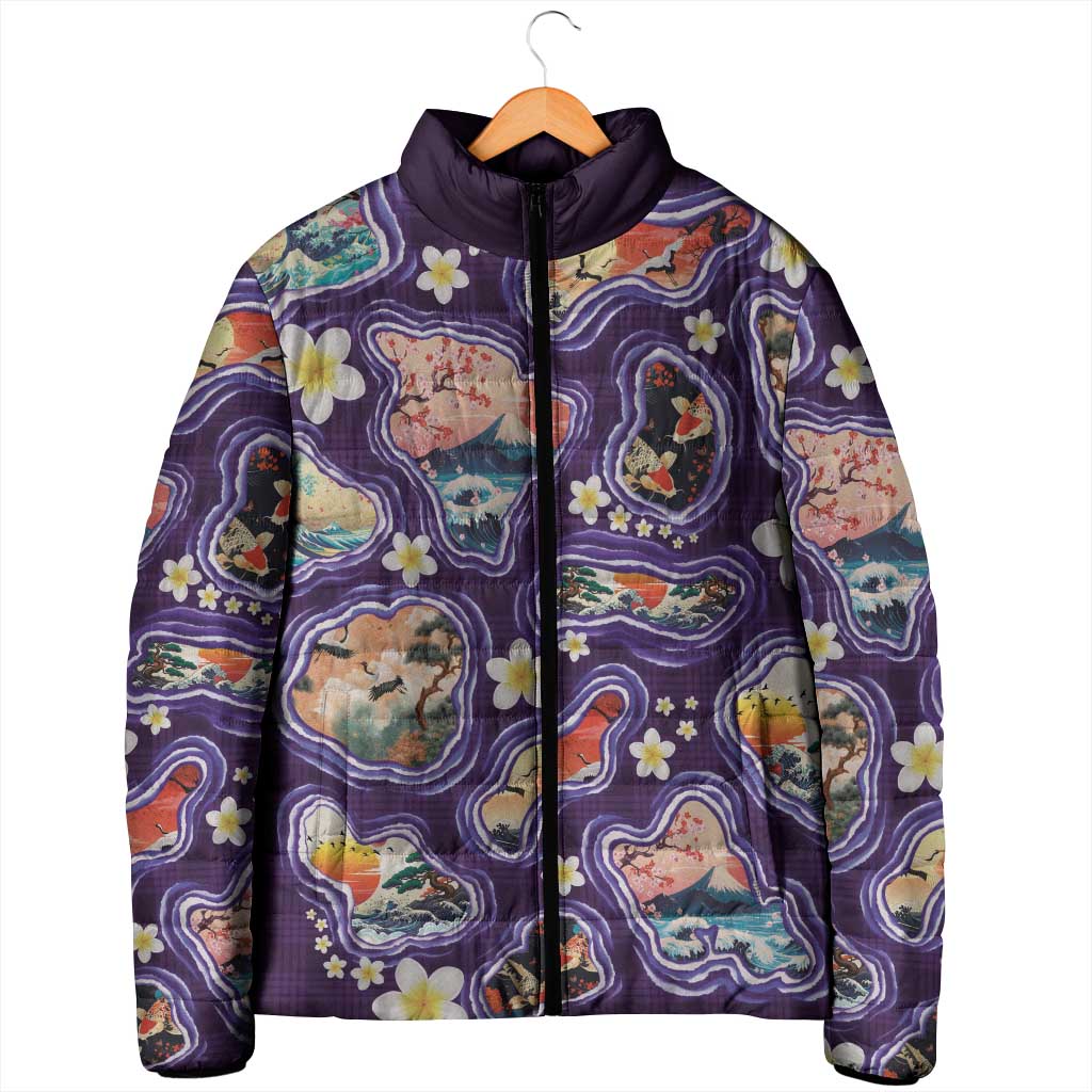 Hawaii Islands Map Design with Japanese Landscape Padded Jacket Hawaiian Japan Fusion Art Purple Color LT03 - Polynesian Pride