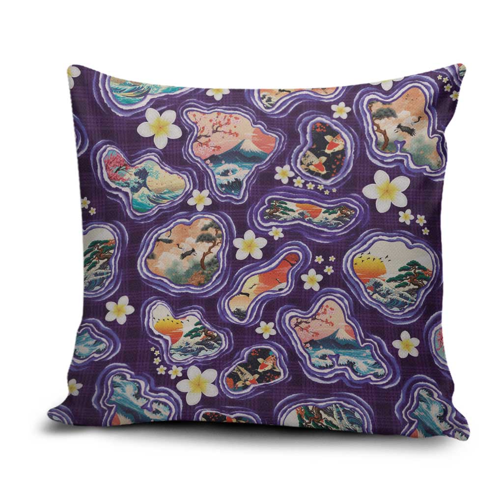 Hawaii Islands Map Design with Japanese Landscape Pillow Cover Hawaiian Japan Fusion Art Purple Color
