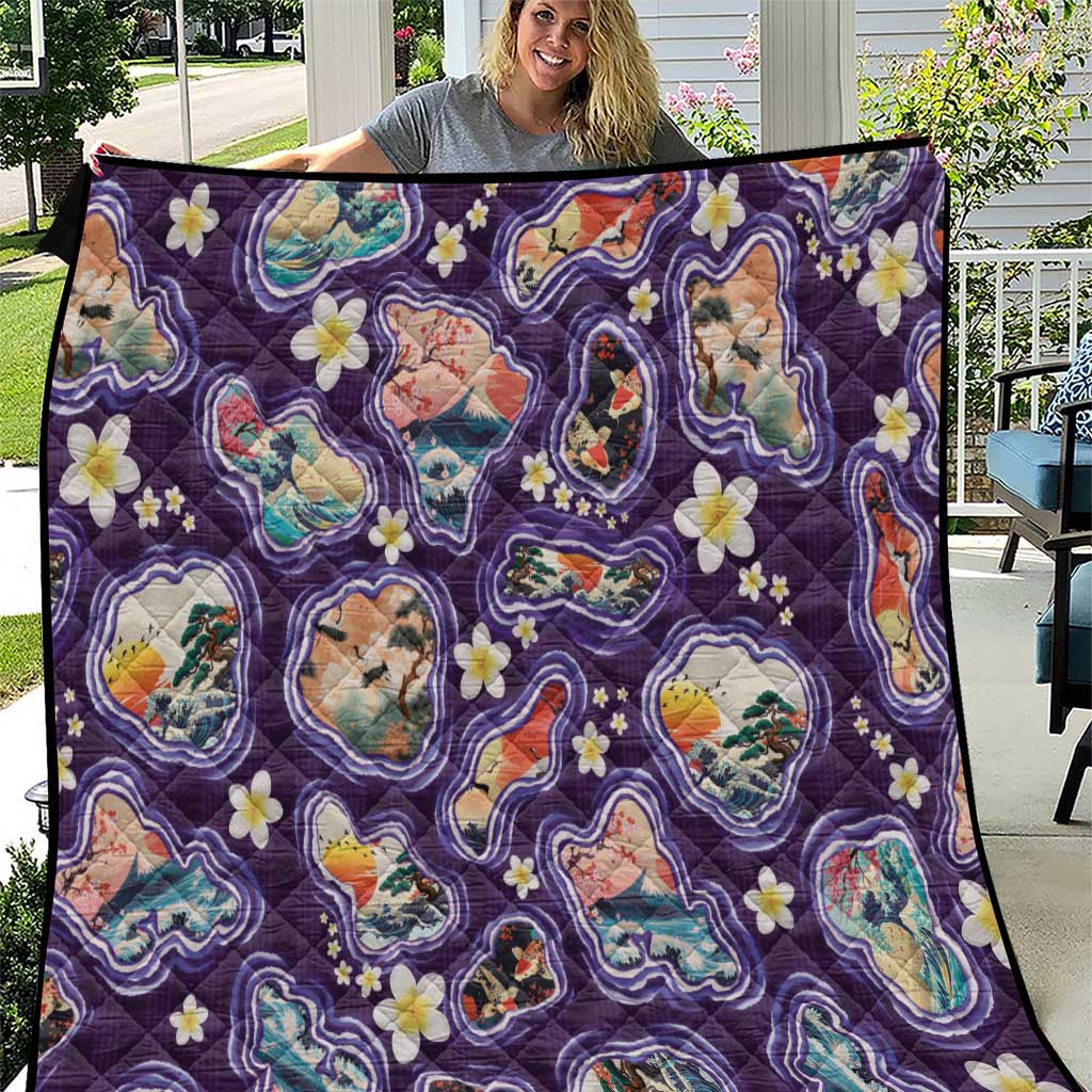 Hawaii Islands Map Design with Japanese Landscape Quilt Hawaiian Japan Fusion Art Purple Color LT03 Purple - Polynesian Pride