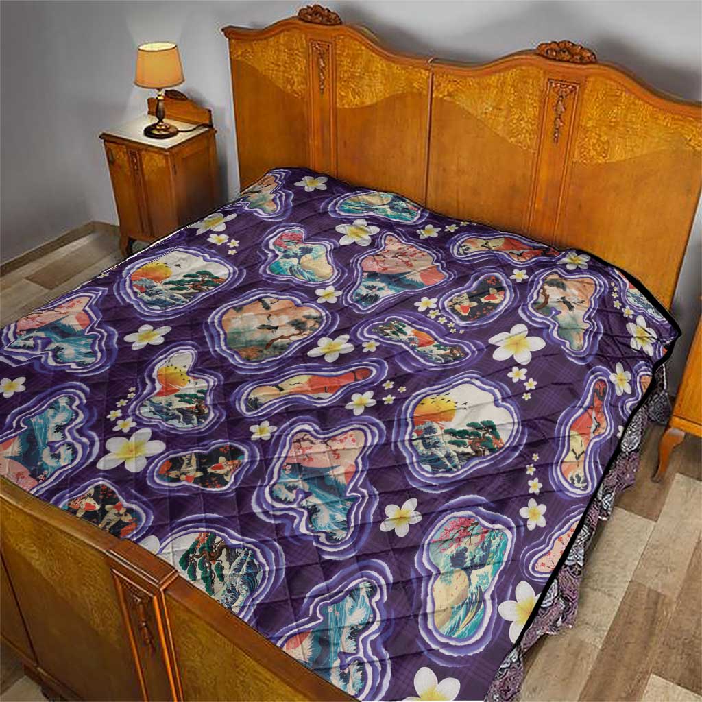 Hawaii Islands Map Design with Japanese Landscape Quilt Hawaiian Japan Fusion Art Purple Color LT03 - Polynesian Pride