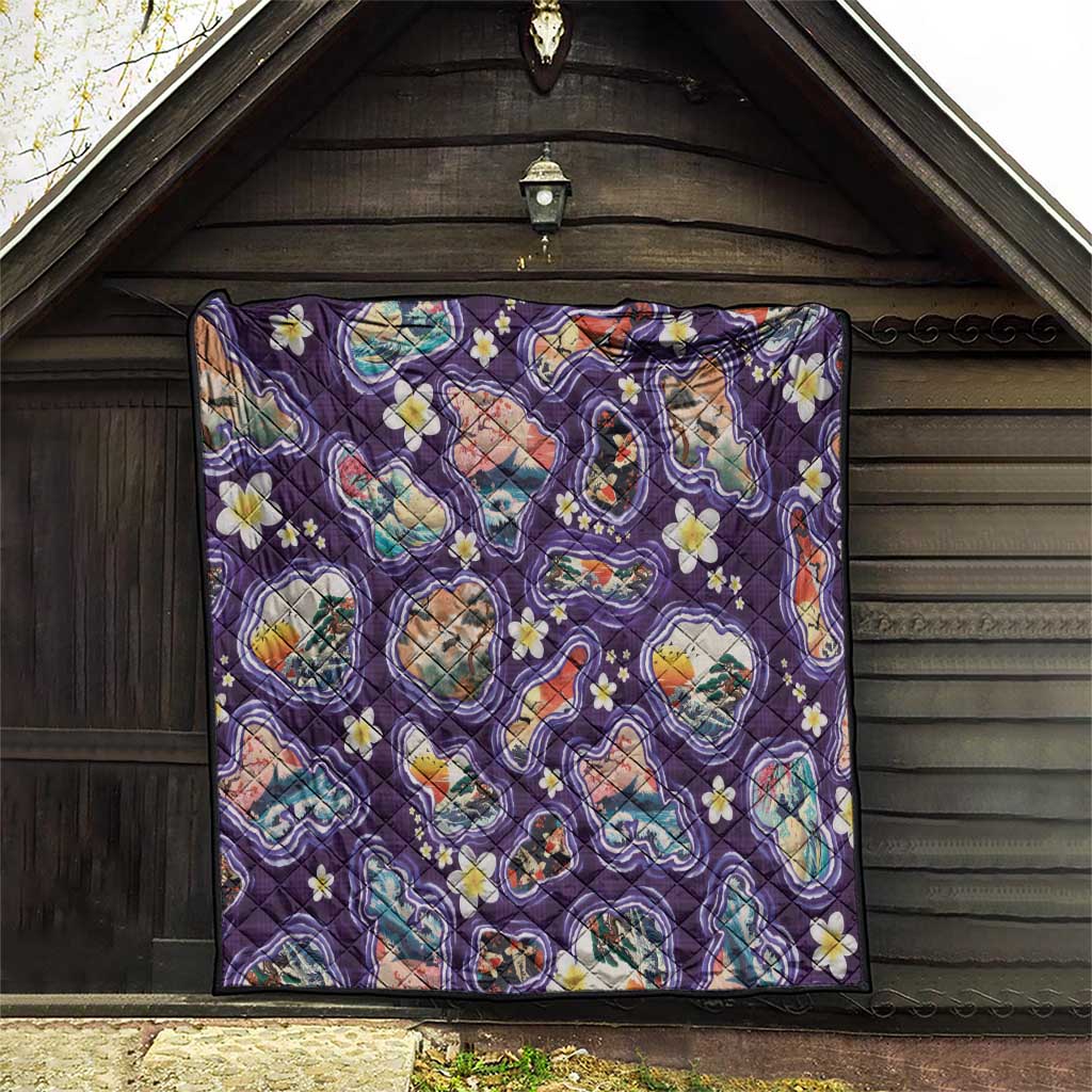 Hawaii Islands Map Design with Japanese Landscape Quilt Hawaiian Japan Fusion Art Purple Color LT03 - Polynesian Pride