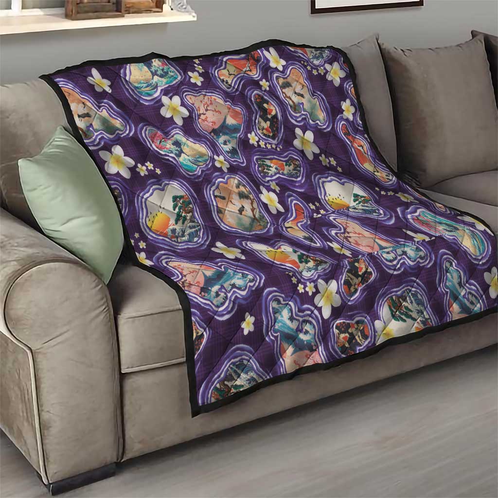 Hawaii Islands Map Design with Japanese Landscape Quilt Hawaiian Japan Fusion Art Purple Color LT03 - Polynesian Pride