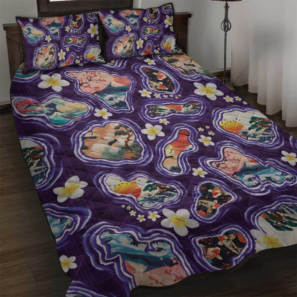 Hawaii Islands Map Design with Japanese Landscape Quilt Bed Set Hawaiian Japan Fusion Art Purple Color