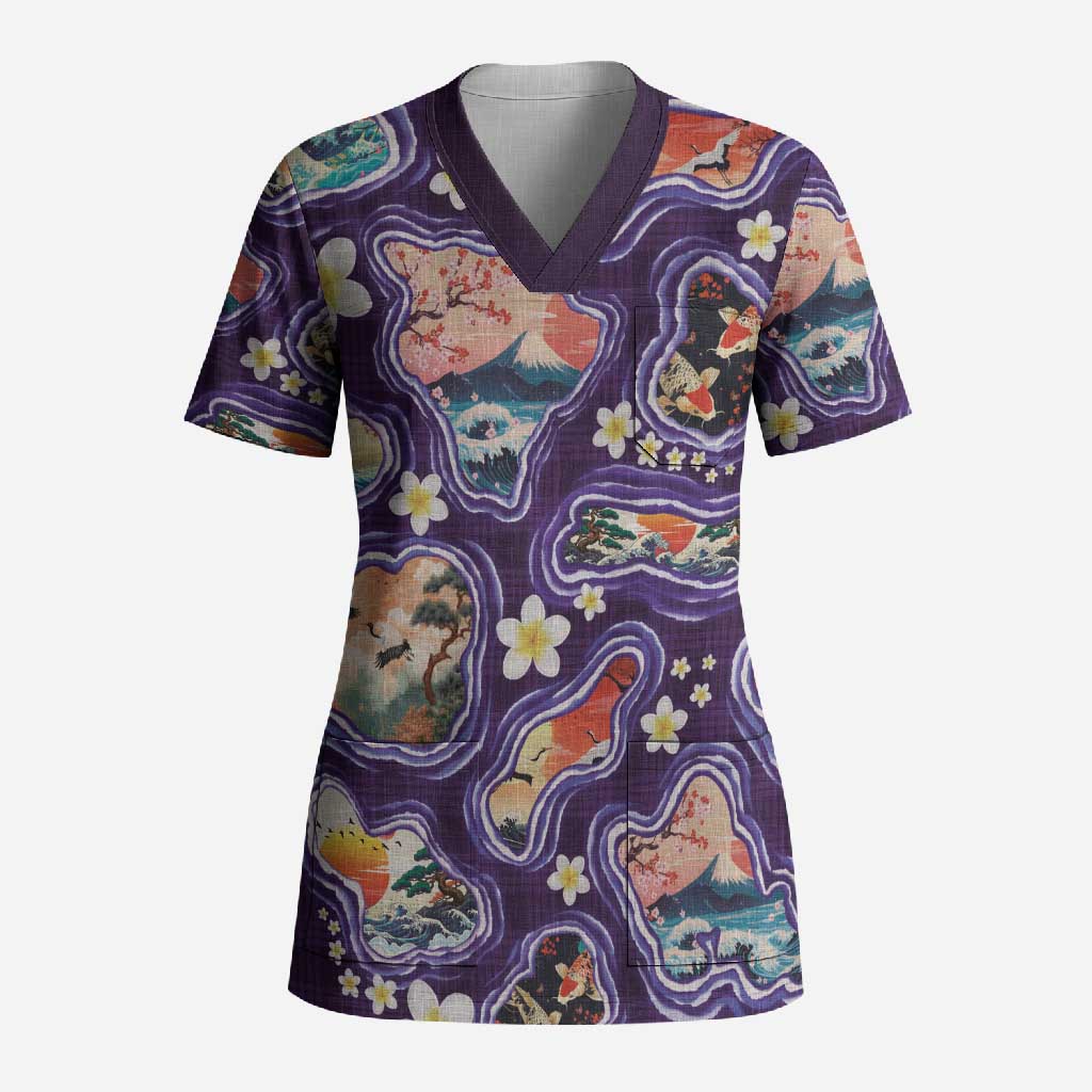 Hawaii Islands Map Design with Japanese Landscape Scrub Top Hawaiian Japan Fusion Art Purple Color LT03 Adult Purple - Polynesian Pride