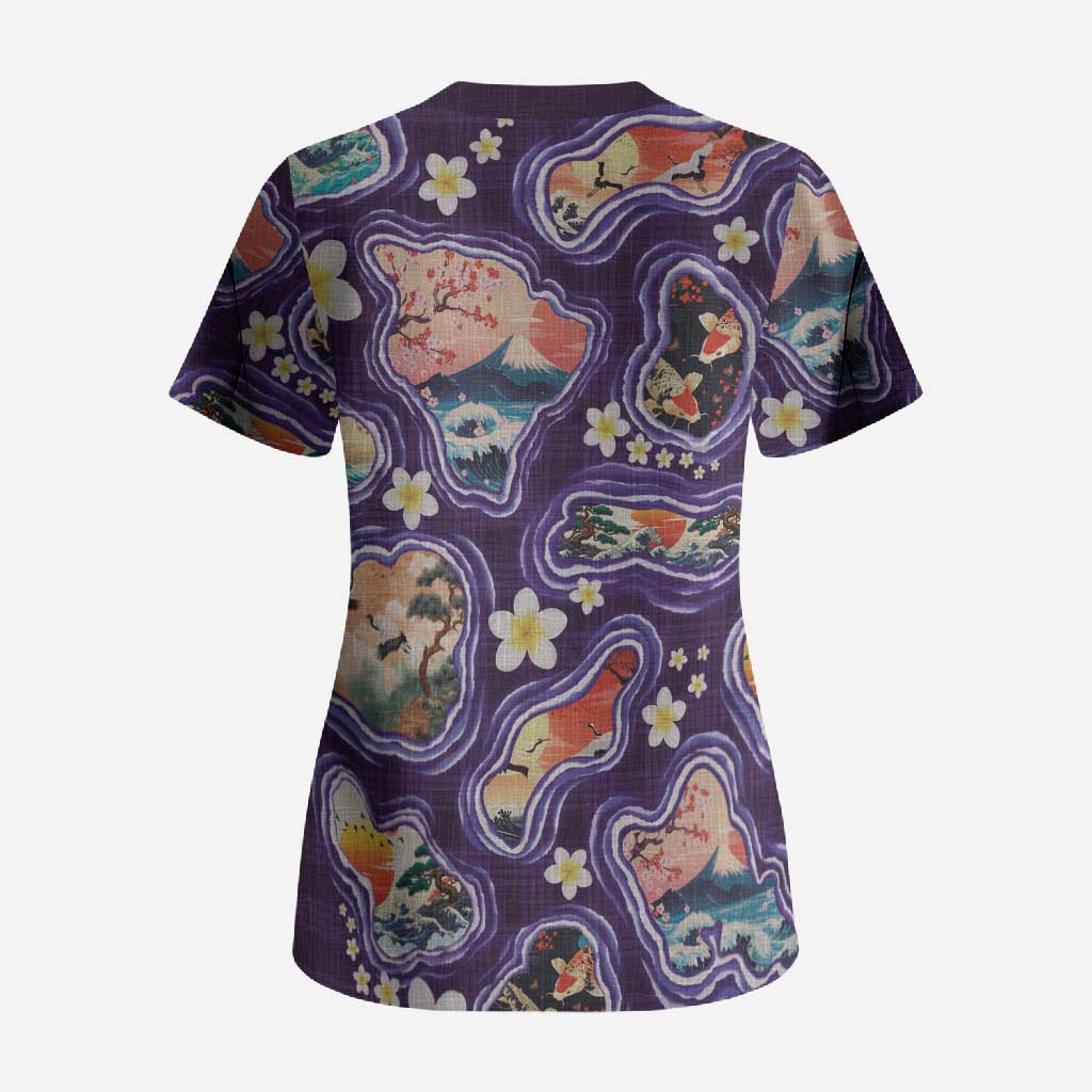 Hawaii Islands Map Design with Japanese Landscape Scrub Top Hawaiian Japan Fusion Art Purple Color LT03 - Polynesian Pride