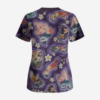 Hawaii Islands Map Design with Japanese Landscape Scrub Top Hawaiian Japan Fusion Art Purple Color LT03 - Polynesian Pride
