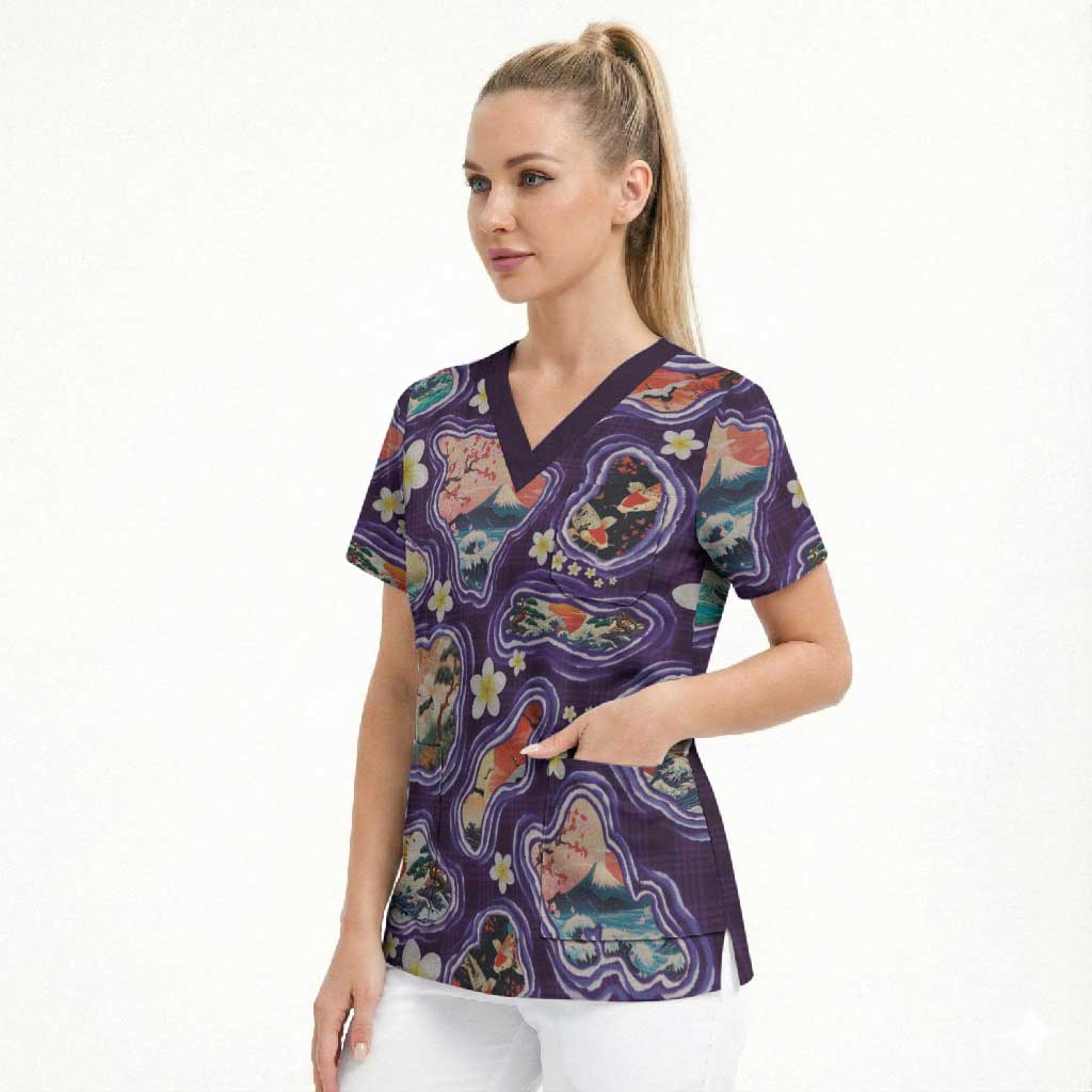 Hawaii Islands Map Design with Japanese Landscape Scrub Top Hawaiian Japan Fusion Art Purple Color LT03 - Polynesian Pride