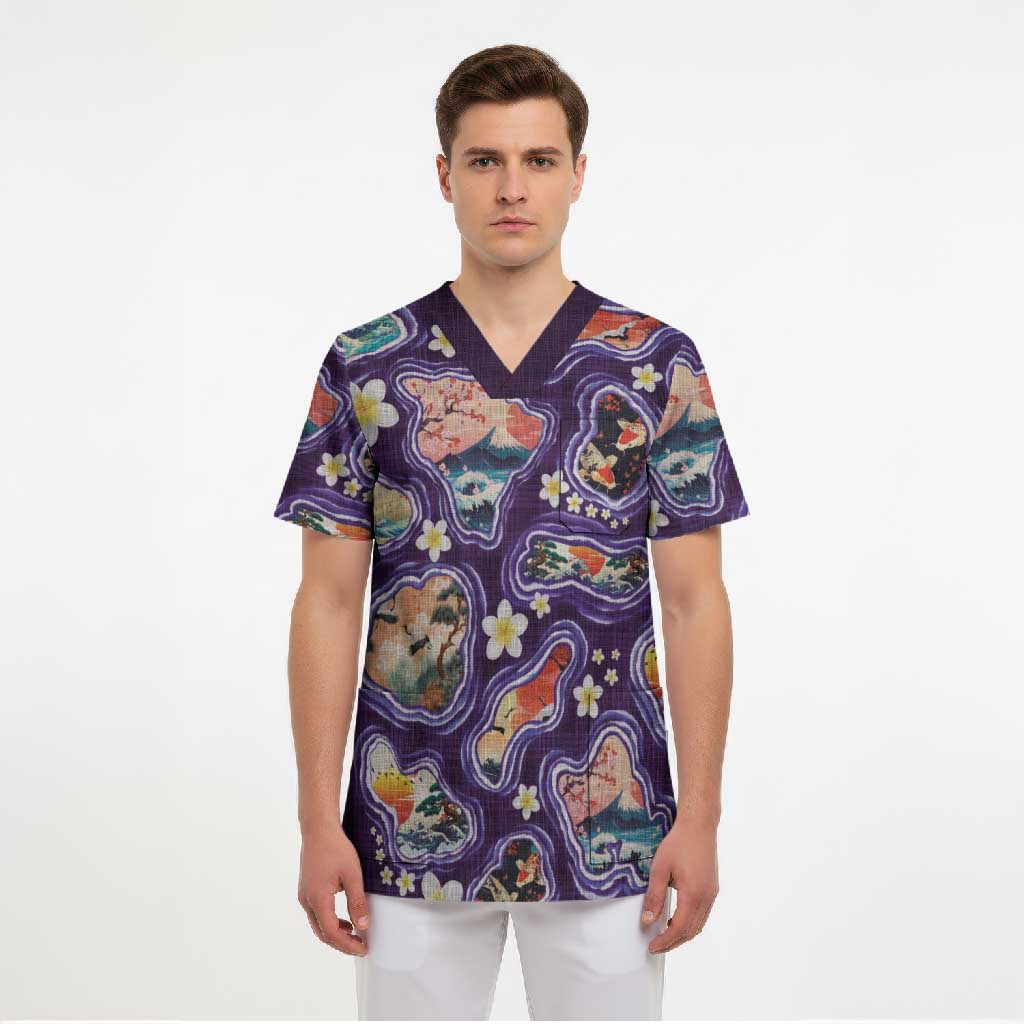 Hawaii Islands Map Design with Japanese Landscape Scrub Top Hawaiian Japan Fusion Art Purple Color LT03 - Polynesian Pride