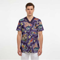 Hawaii Islands Map Design with Japanese Landscape Scrub Top Hawaiian Japan Fusion Art Purple Color LT03 - Polynesian Pride