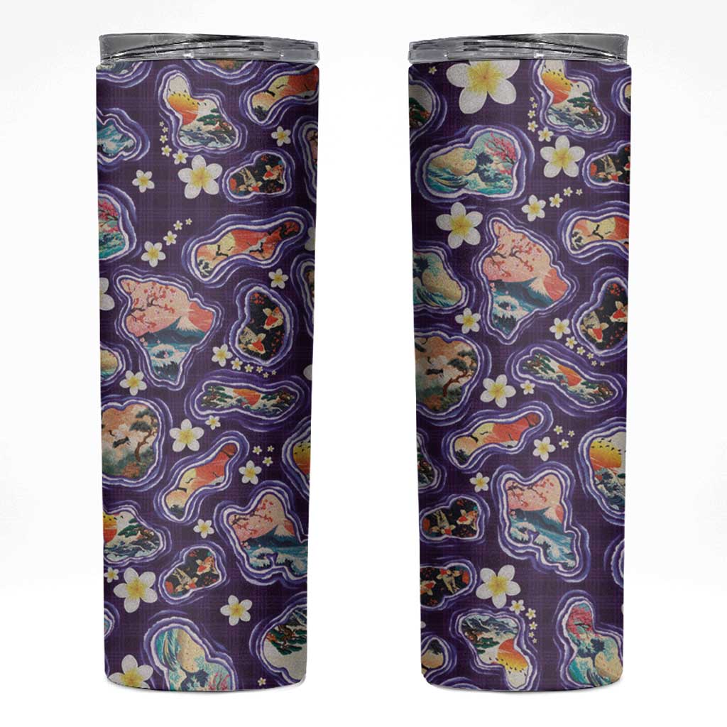 Hawaii Islands Map Design with Japanese Landscape Skinny Tumbler Hawaiian Japan Fusion Art Purple Color