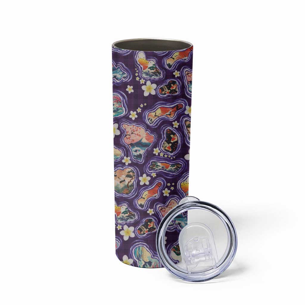 Hawaii Islands Map Design with Japanese Landscape Skinny Tumbler Hawaiian Japan Fusion Art Purple Color