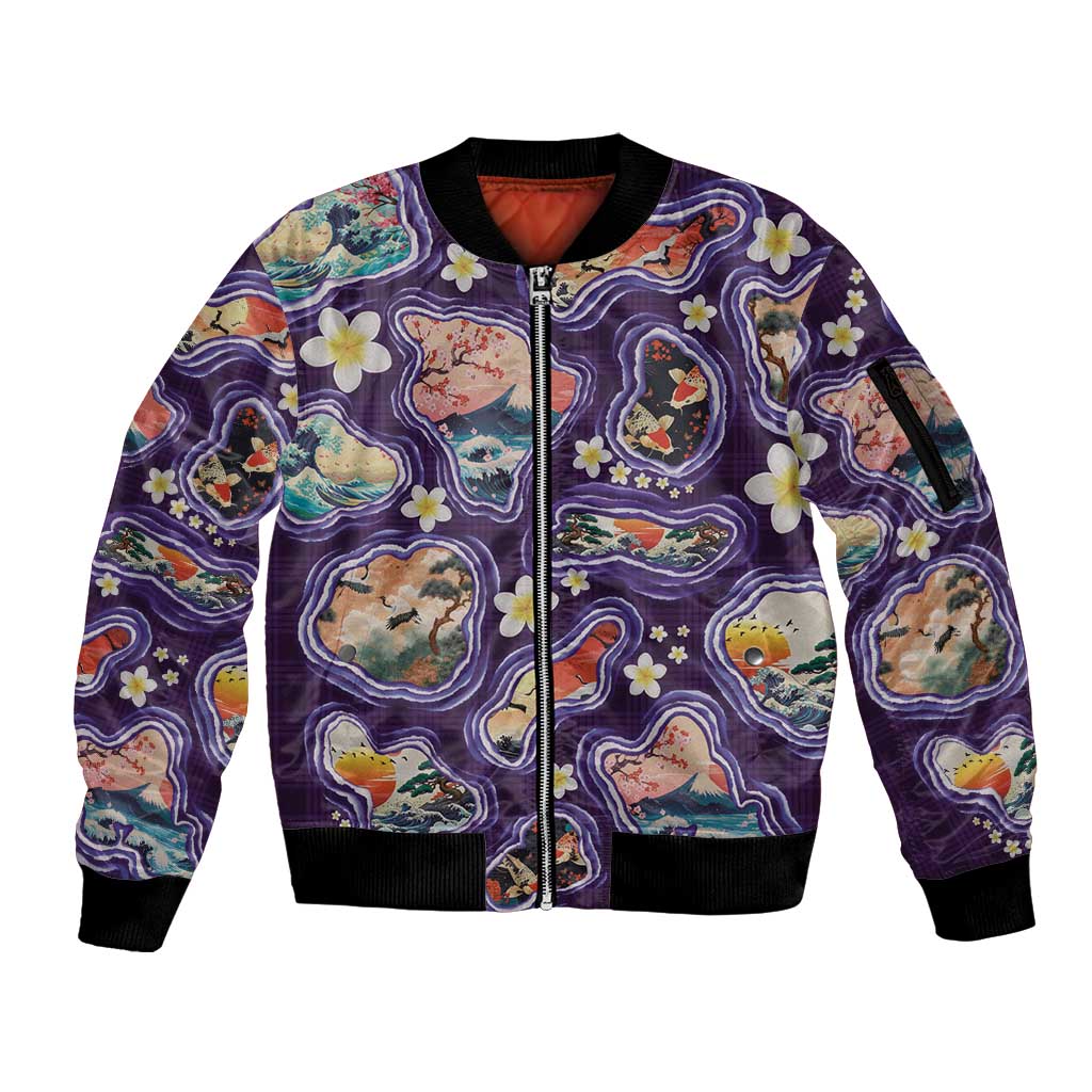 Hawaii Islands Map Design with Japanese Landscape Sleeve Zip Bomber Jacket Hawaiian Japan Fusion Art Purple Color