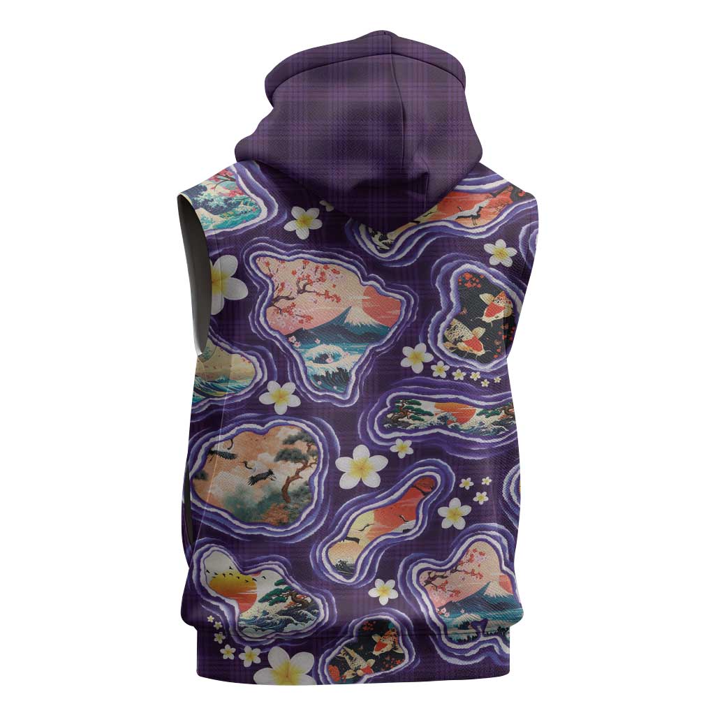 Hawaii Islands Map Design with Japanese Landscape Sleeveless Hoodie Hawaiian Japan Fusion Art Purple Color