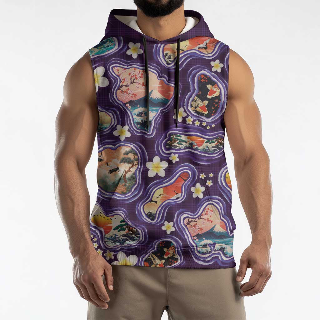 Hawaii Islands Map Design with Japanese Landscape Sleeveless Hoodie Hawaiian Japan Fusion Art Purple Color