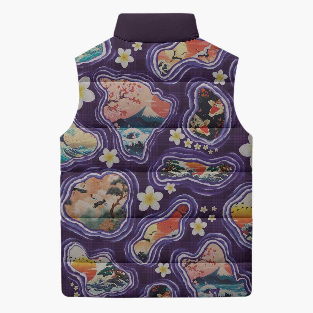 Hawaii Islands Map Design with Japanese Landscape Sleeveless Puffer Jacket Hawaiian Japan Fusion Art Purple Color