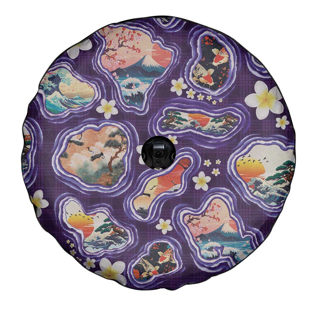 Hawaii Islands Map Design with Japanese Landscape Spare Tire Cover Hawaiian Japan Fusion Art Purple Color