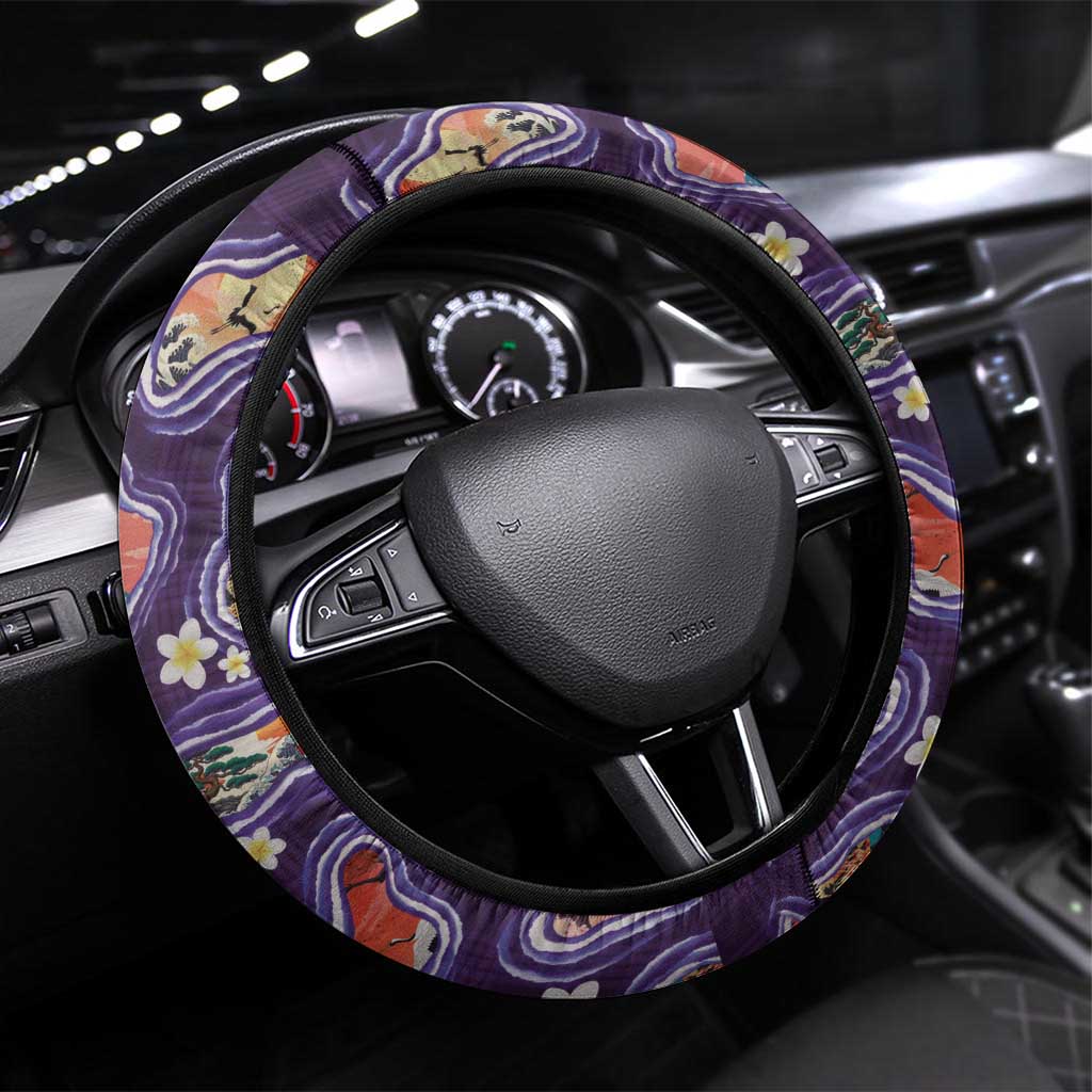 Hawaii Islands Map Design with Japanese Landscape Steering Wheel Cover Hawaiian Japan Fusion Art Purple Color