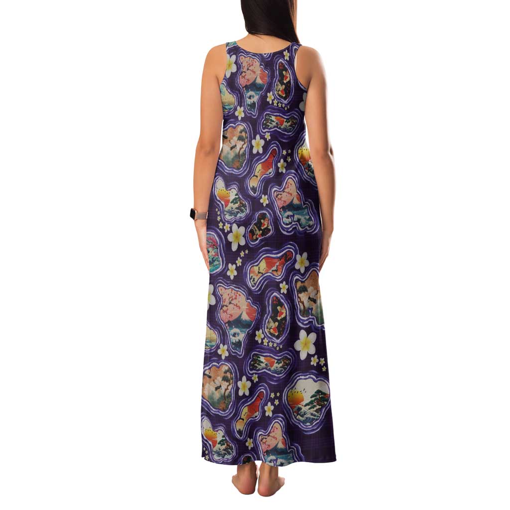 Hawaii Islands Map Design with Japanese Landscape Tank Maxi Dress Hawaiian Japan Fusion Art Purple Color