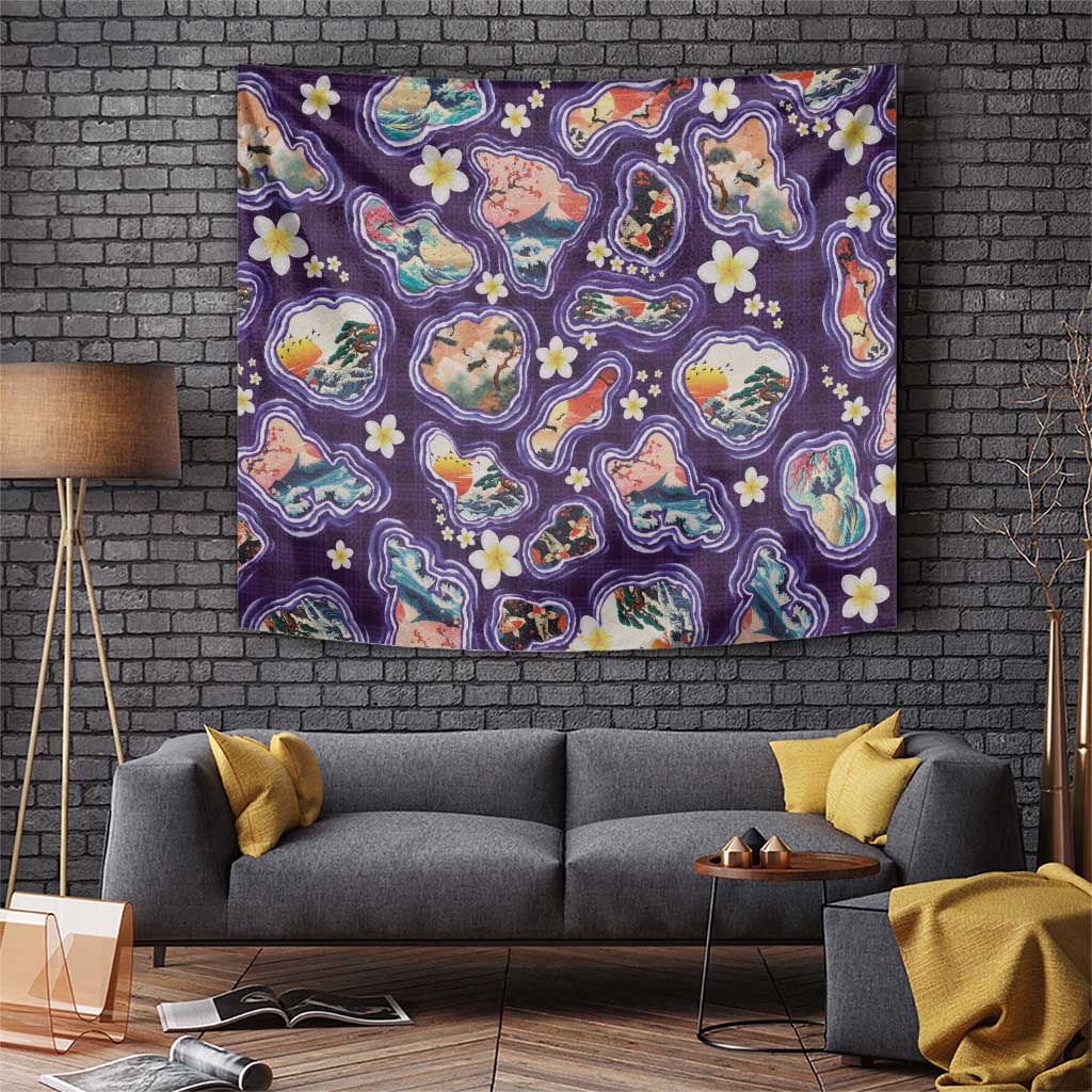 Hawaii Islands Map Design with Japanese Landscape Tapestry Hawaiian Japan Fusion Art Purple Color LT03 Purple - Polynesian Pride