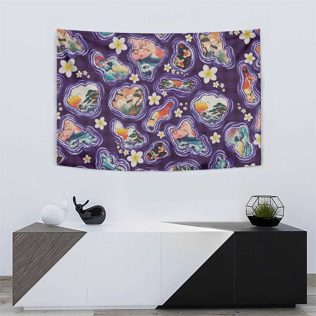 Hawaii Islands Map Design with Japanese Landscape Tapestry Hawaiian Japan Fusion Art Purple Color LT03 - Polynesian Pride
