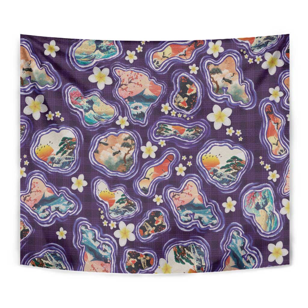 Hawaii Islands Map Design with Japanese Landscape Tapestry Hawaiian Japan Fusion Art Purple Color LT03 - Polynesian Pride
