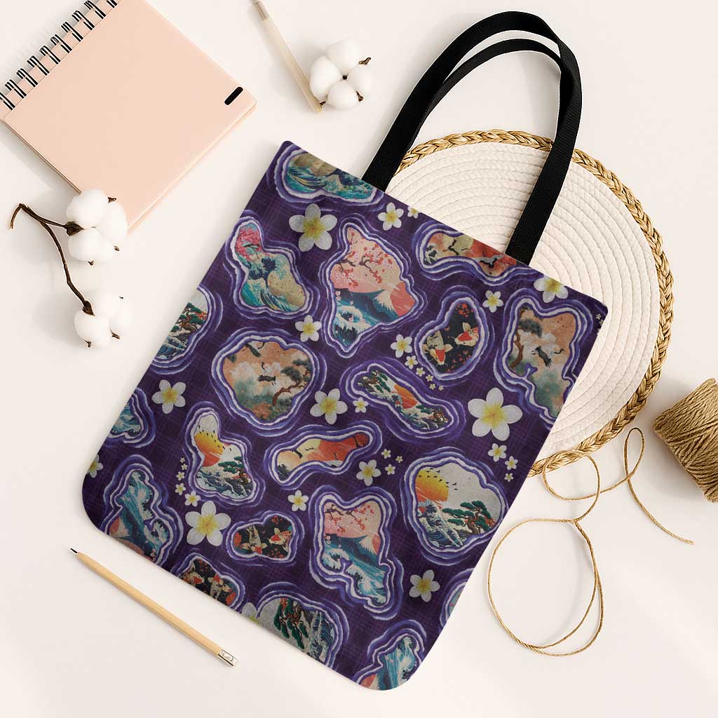 Hawaii Islands Map Design with Japanese Landscape Tote Bag Hawaiian Japan Fusion Art Purple Color