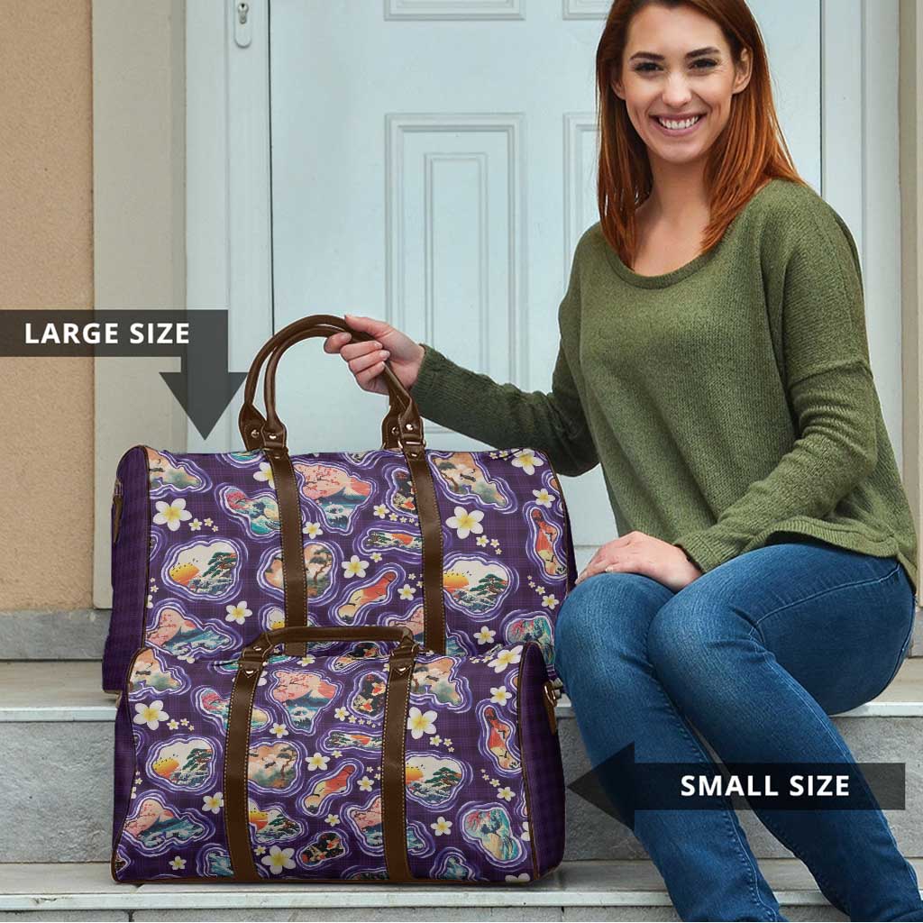 Hawaii Islands Map Design with Japanese Landscape Travel Bag Hawaiian Japan Fusion Art Purple Color