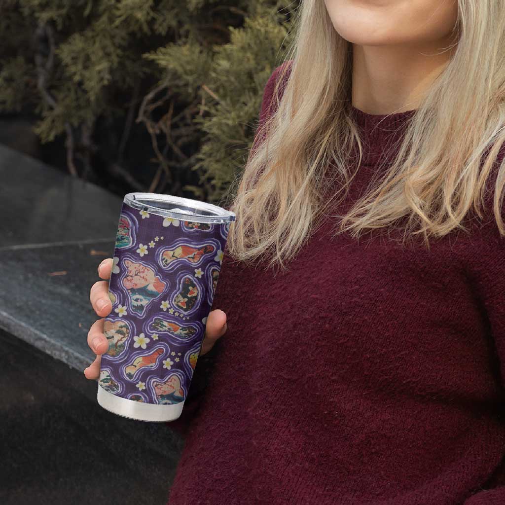 Hawaii Islands Map Design with Japanese Landscape Tumbler Cup Hawaiian Japan Fusion Art Purple Color