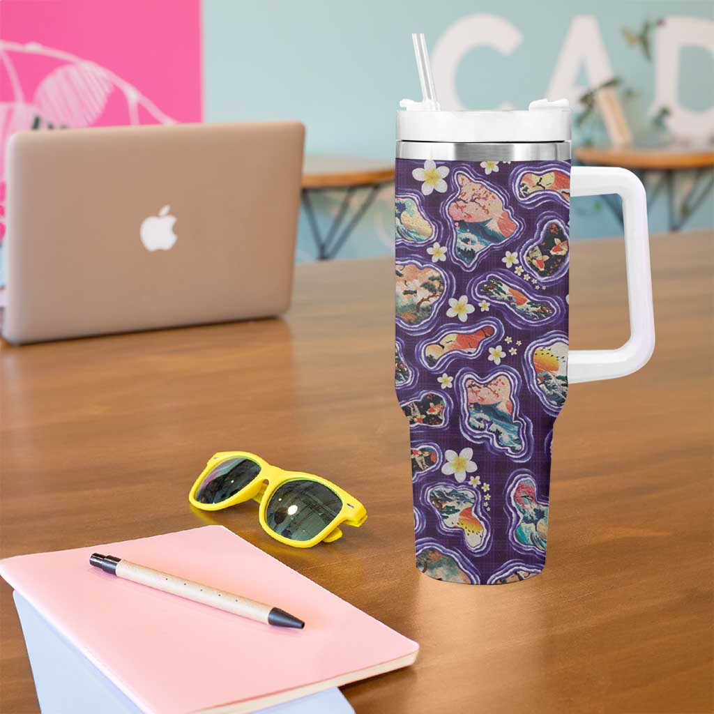 Hawaii Islands Map Design with Japanese Landscape Tumbler With Handle Hawaiian Japan Fusion Art Purple Color